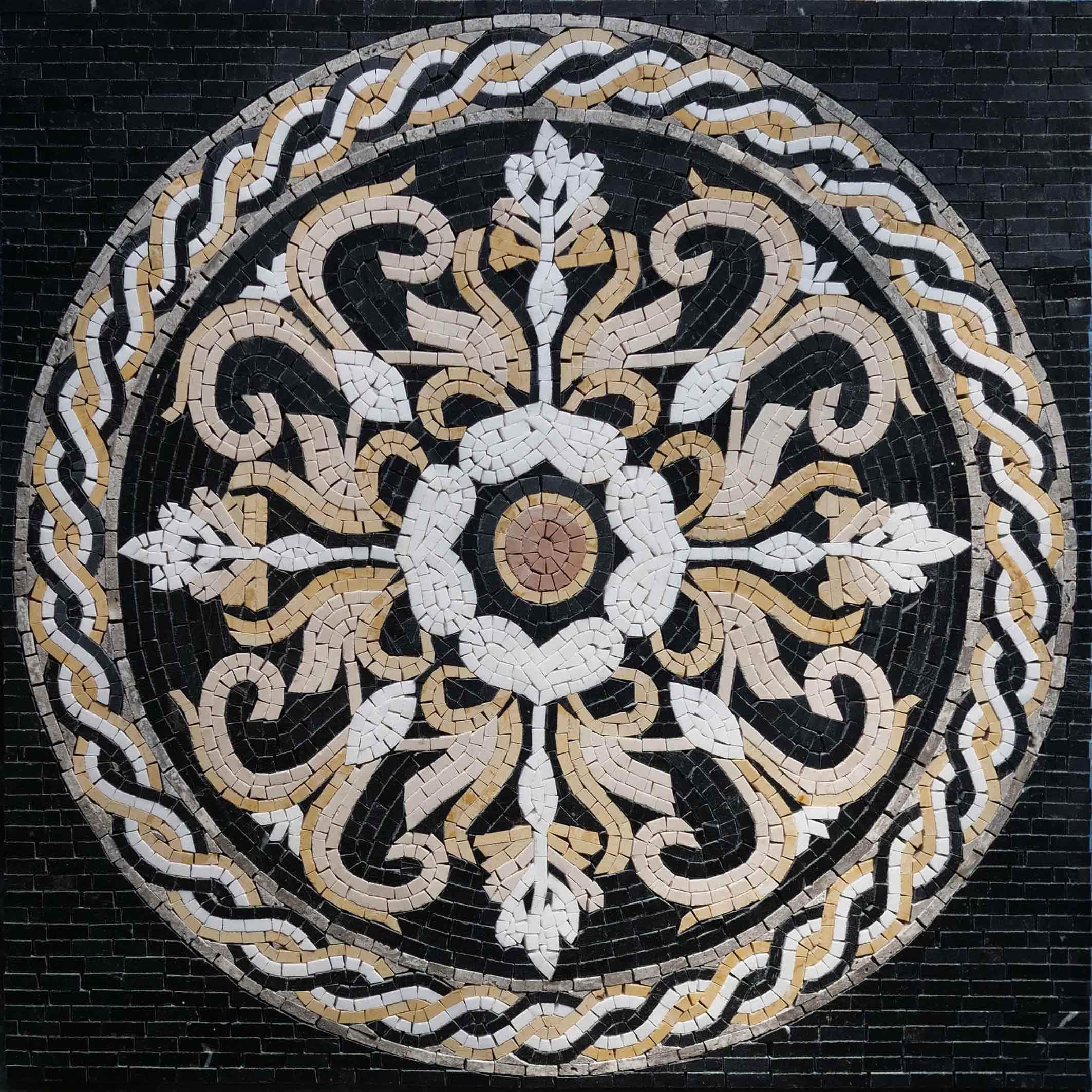 Patterned Flowers And Geometric Ornaments - Mosaic Rug Tanned Weaved Medallion - Mesh Backing