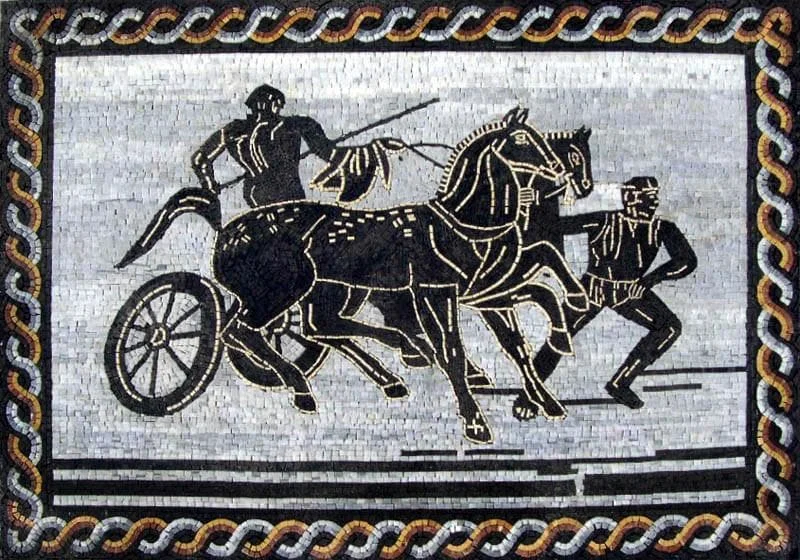 Chariot Race Scene - Marble Mosaic Ancient Greek - Mesh Backing