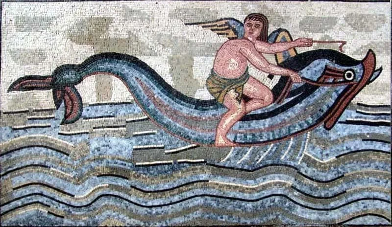 Angel Riding Dolphin - Marble Mosaic Mural - Mesh Backing