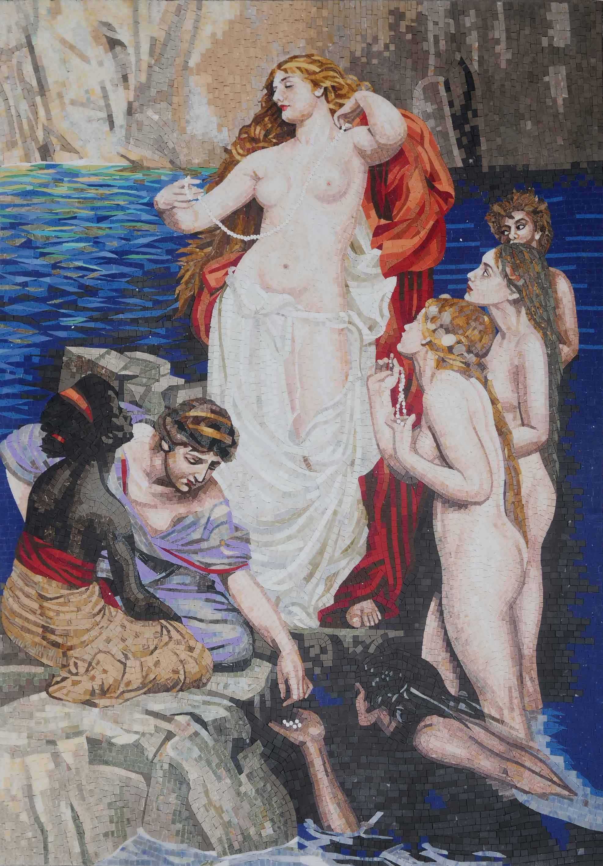 Herbert James Draper Pearls Aphrodite - Marble Mosaic Portrait Art Reproduction - Mesh Backing