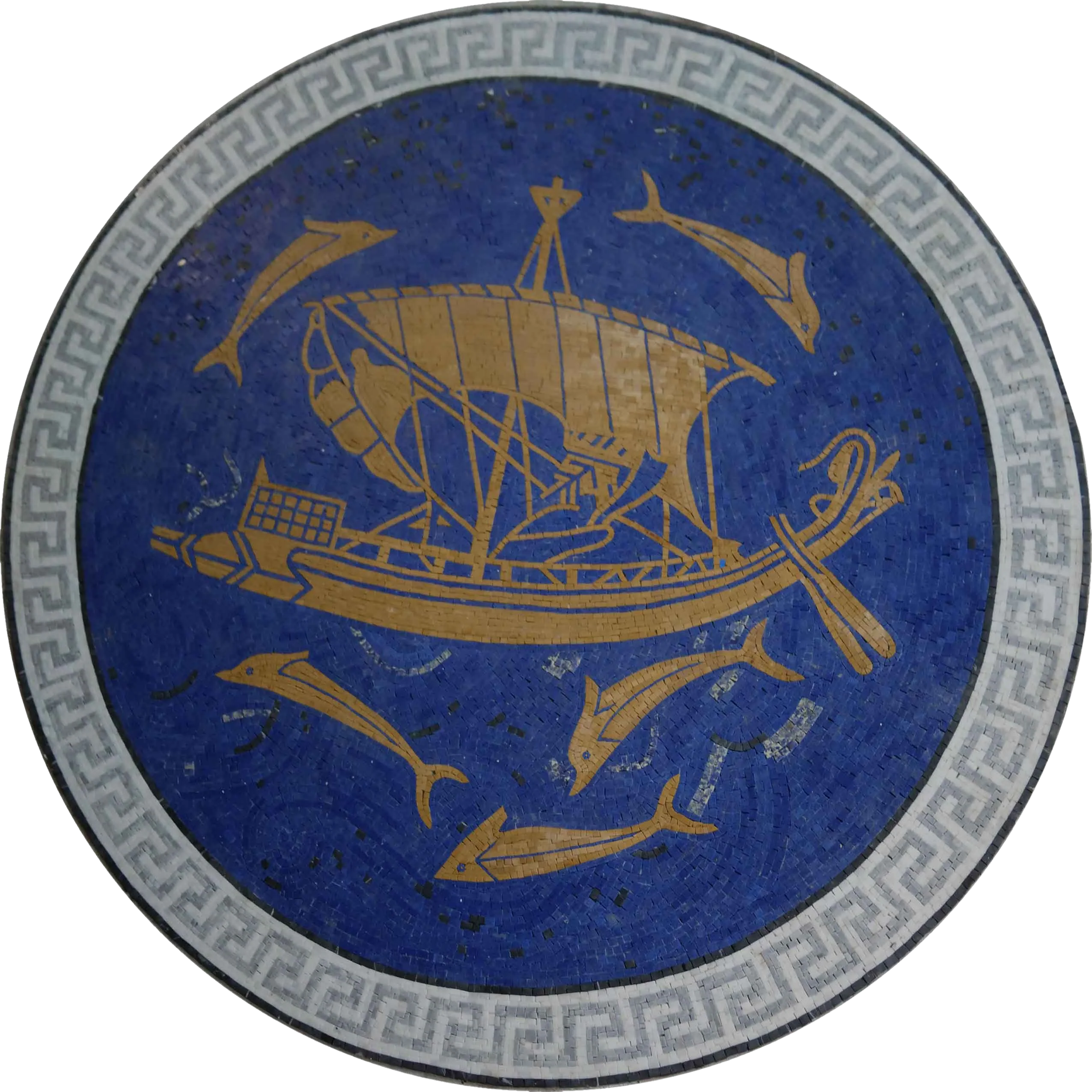 Sailing Ship With Dolphins - Marble Mosaic Rug Ancient - Mesh Backing