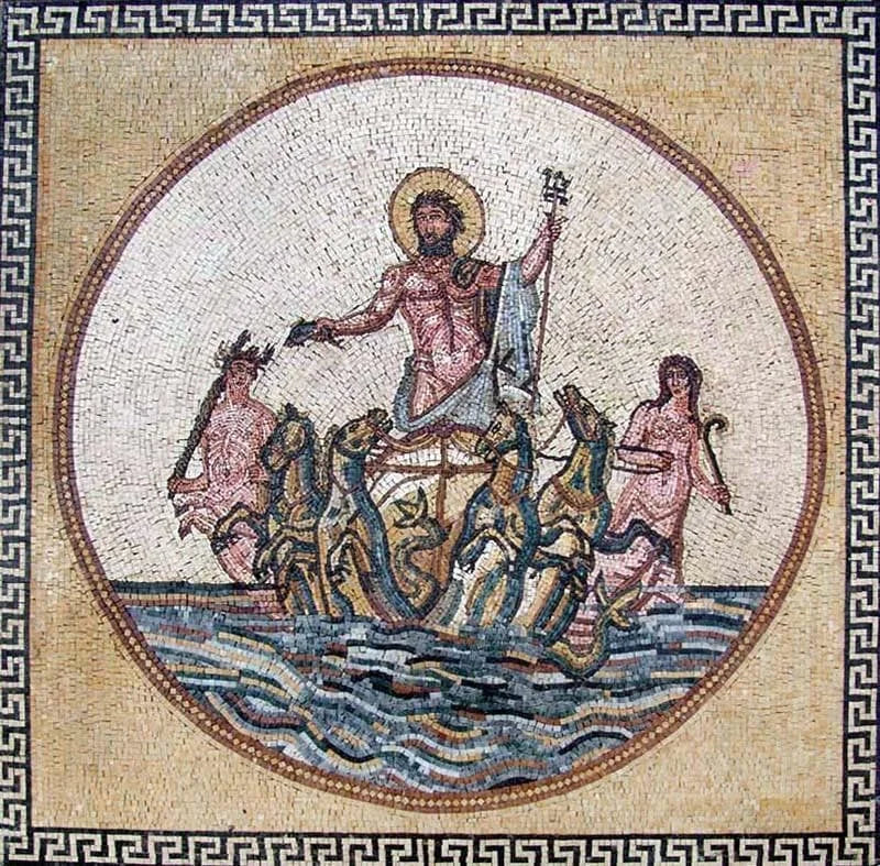 Greek God Poseidon - Marble Mosaic Artwork - Mesh Backing