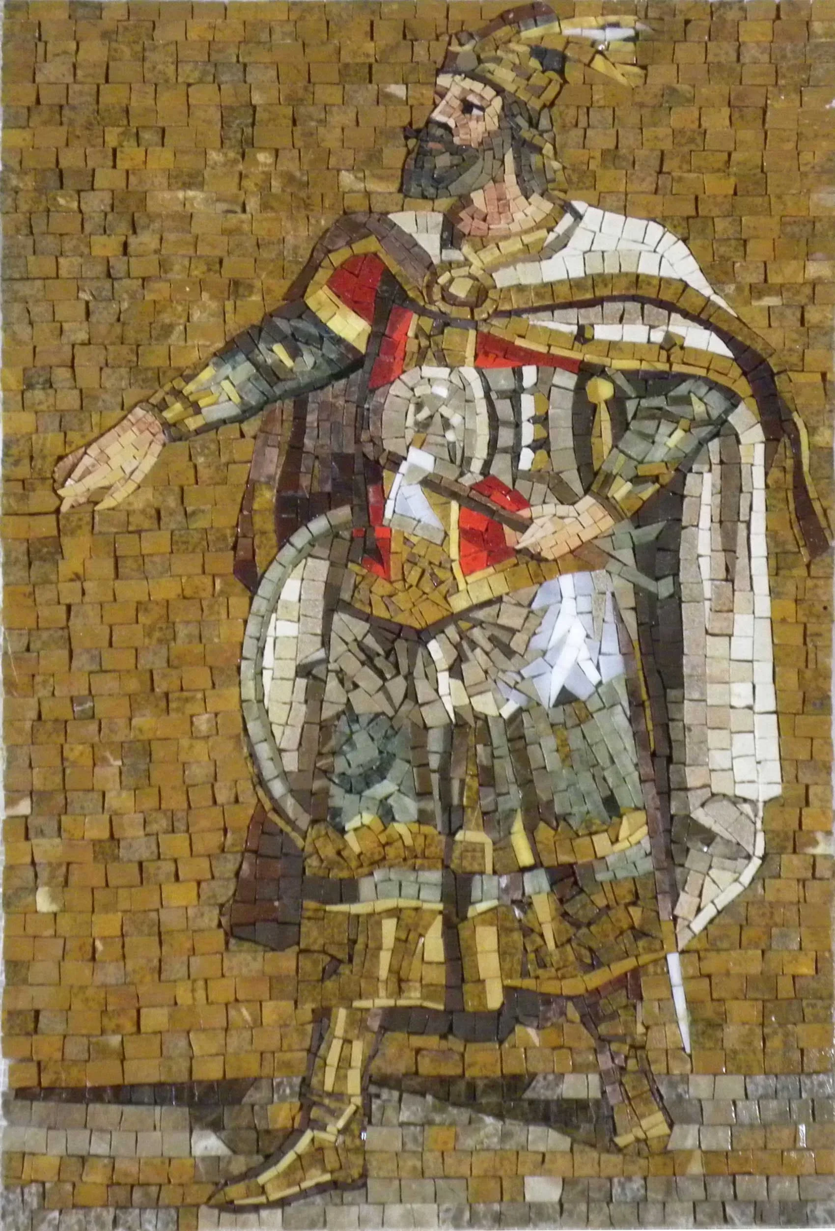 Roman Warrior Figure - Marble Tiger Mosaic Mural - Mesh Backing