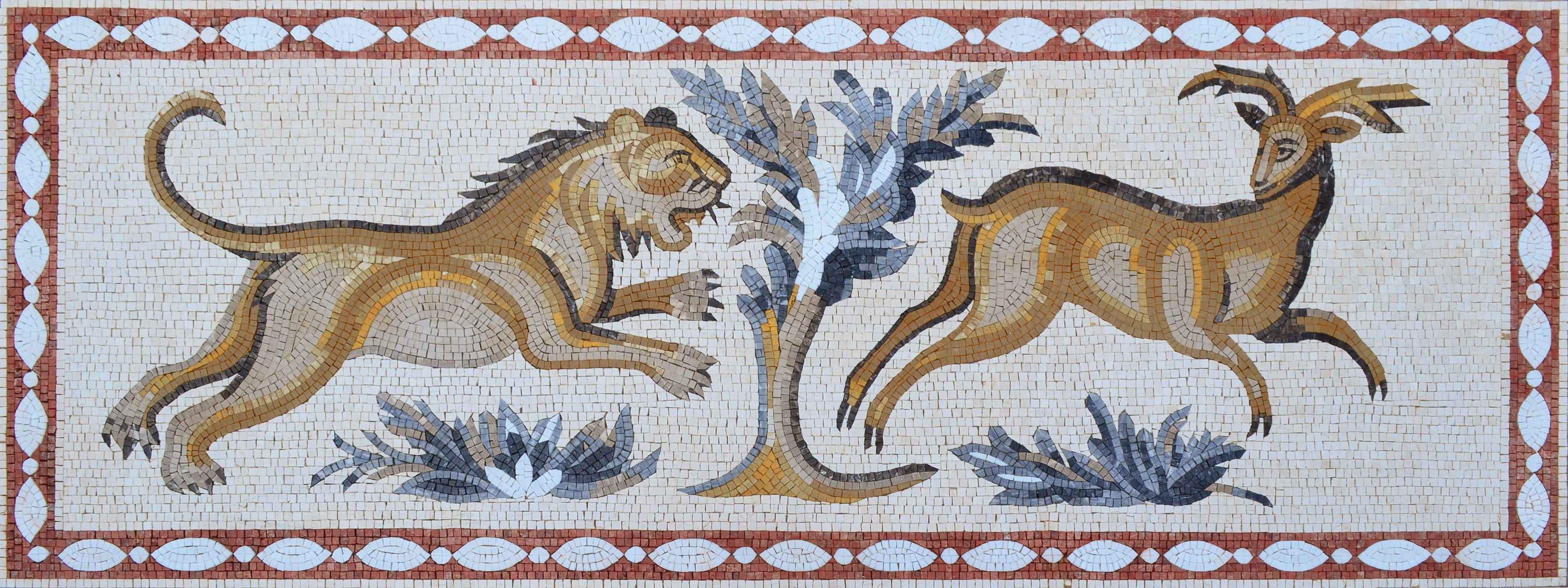 Lion And Gazelle - Marble Mosaic Designs Chase - Mesh Backing