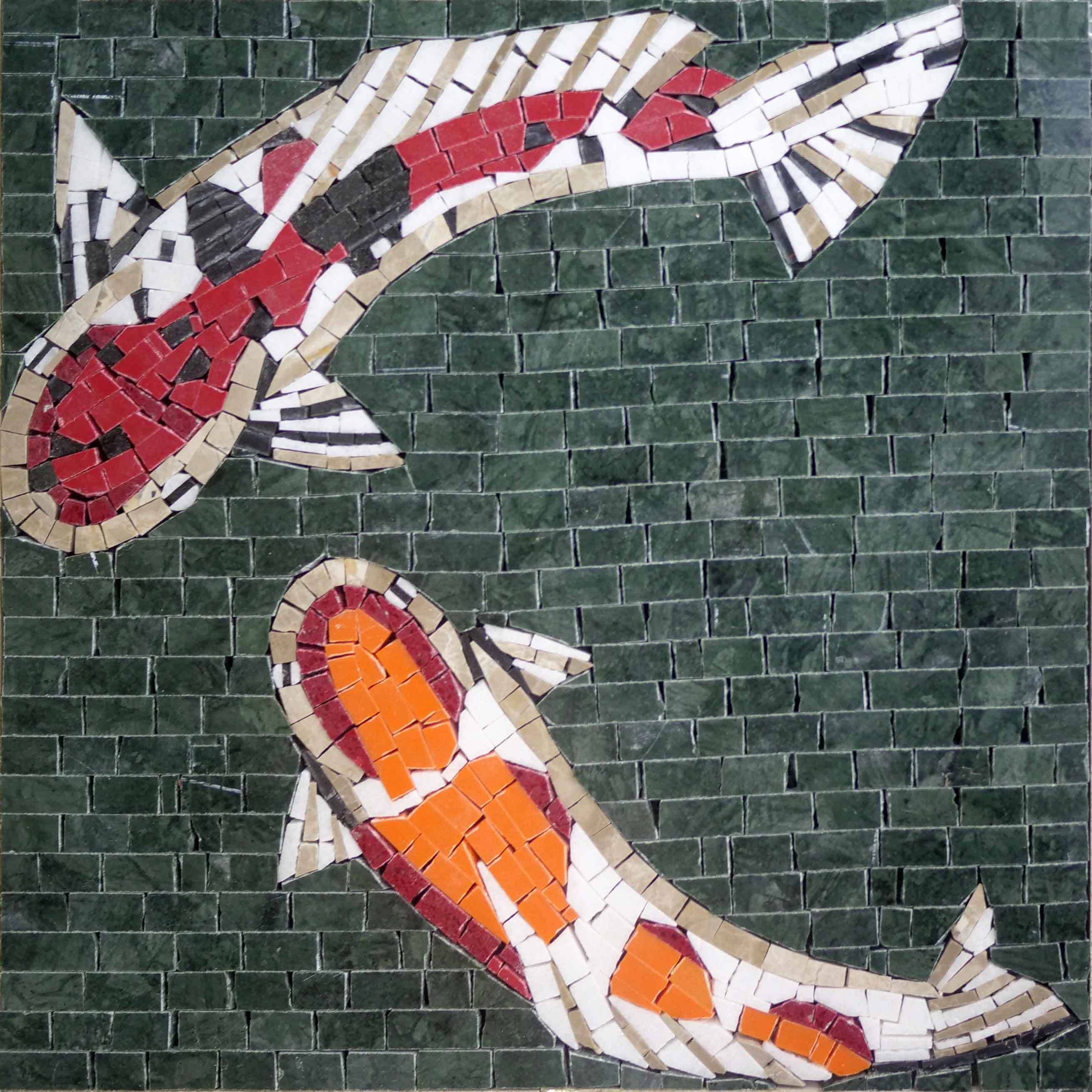Swimming Koi Fish - Tiger Mosaic Handmade Art And Orange Duo Luxury Handcrafted Decor - Mesh Backing