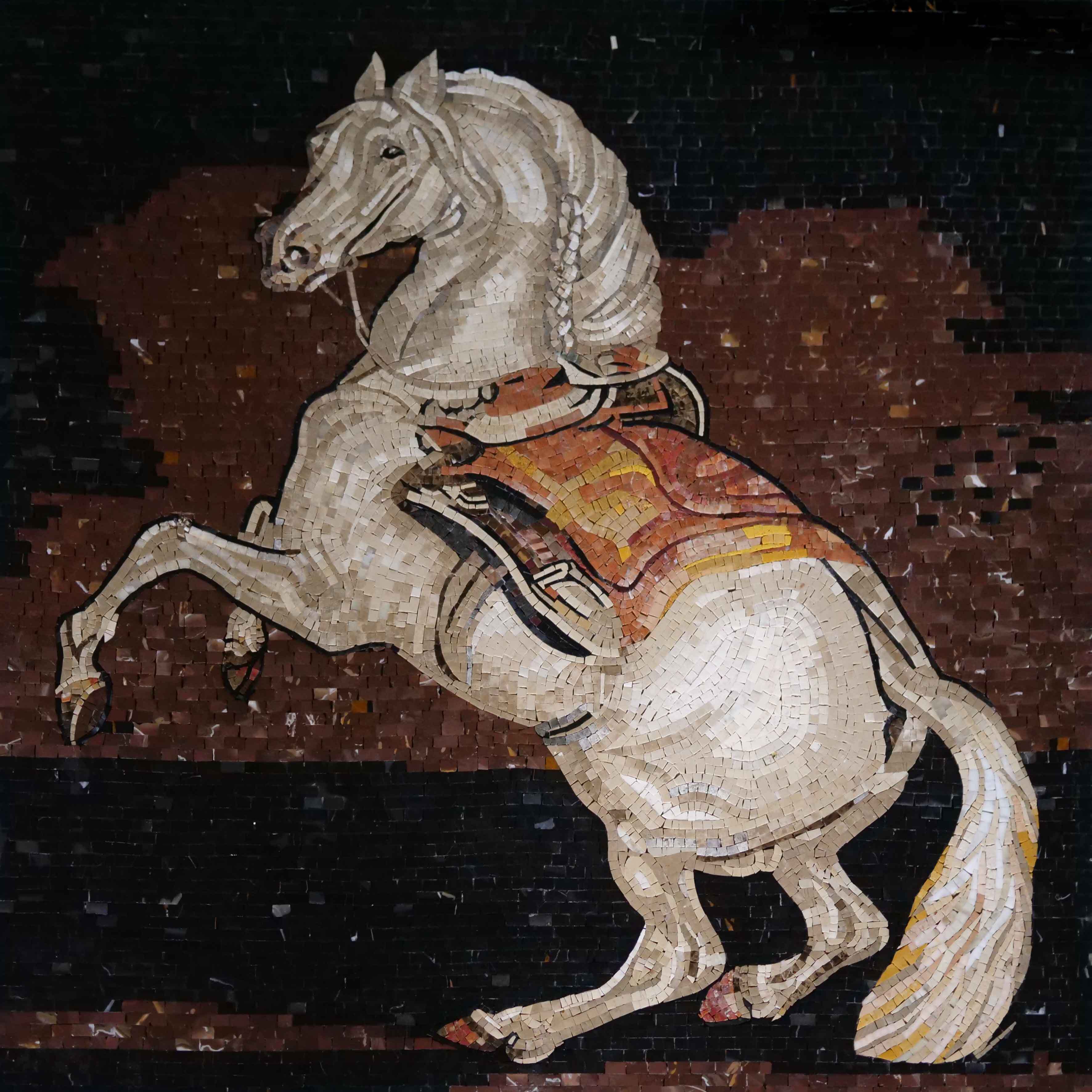 Rearing Stallion Figure - Marble Mosaic Border Horse Art - Mesh Backing