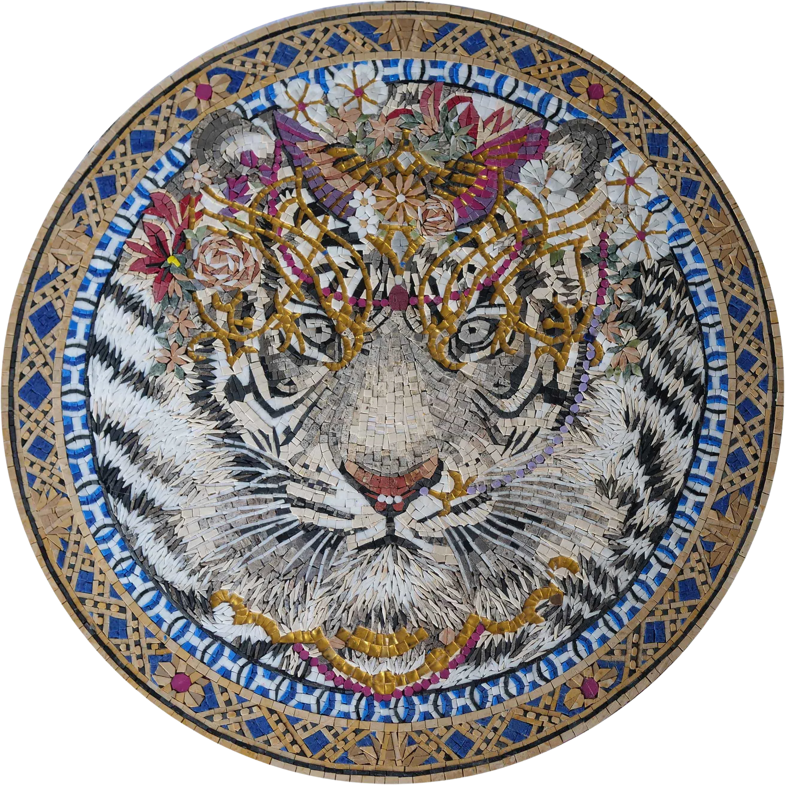 Tiger Floral Crown - Gaudi Mosaic Medallion Art - Mesh Backing
