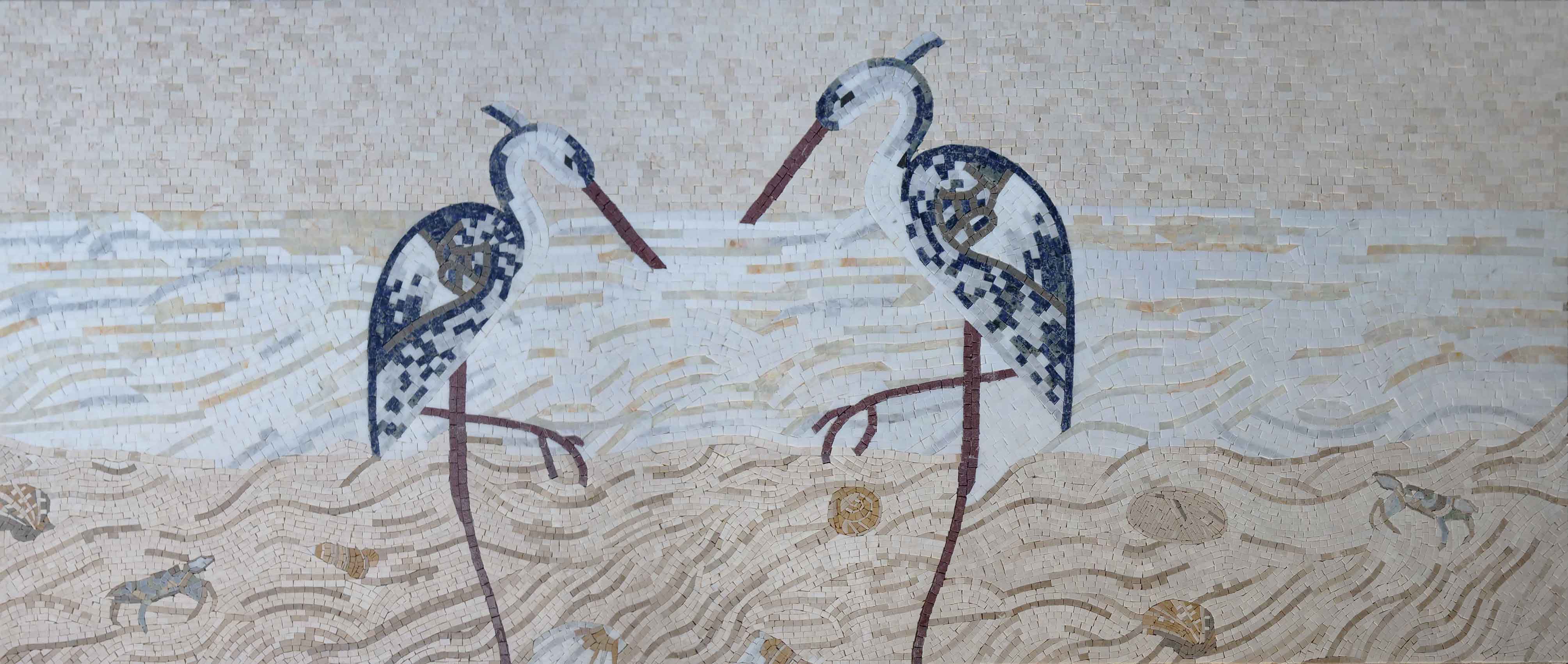 Two Herons - Marble Mosaic Wall Decor Design - Mesh Backing