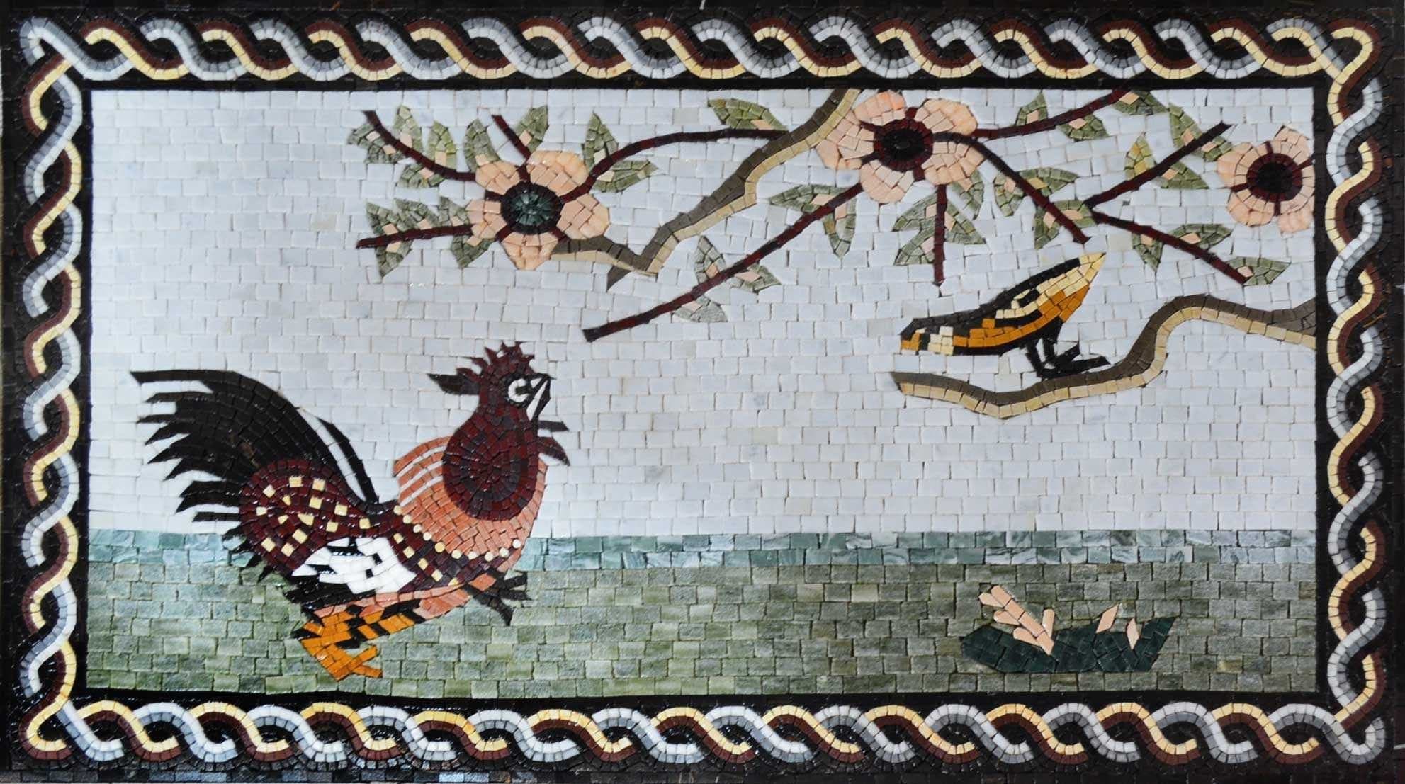 Vibrant Rooster And Bird Branch - Marble Mosaic Gallo - Mesh Backing