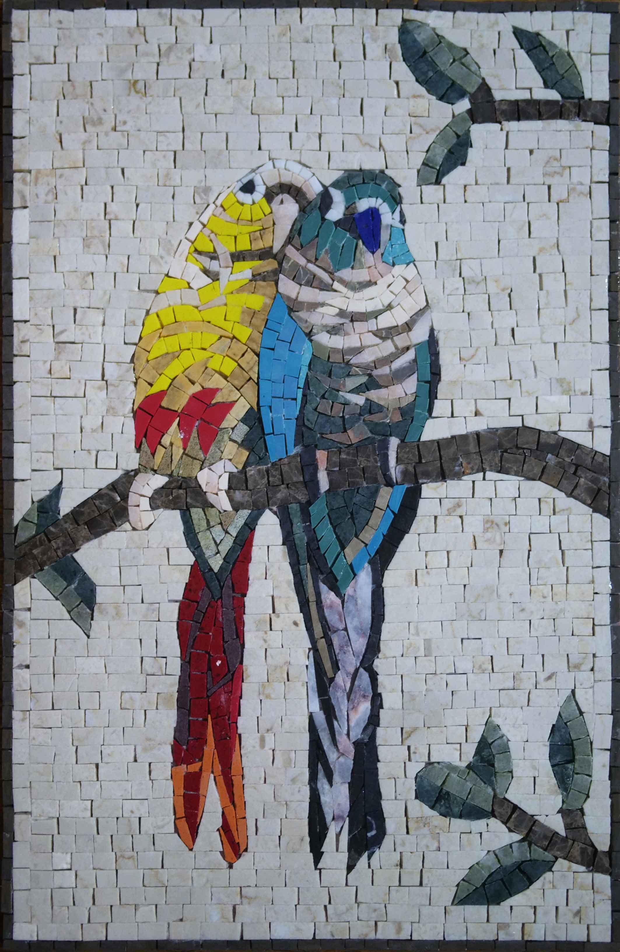 Parrot Pair - Marble Mosaic Peacock Artwork - Mesh Backing