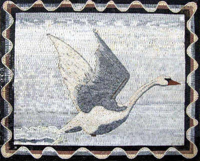 Majestic Swan Flight - Marble Mosaic Art Flying White - Mesh Backing