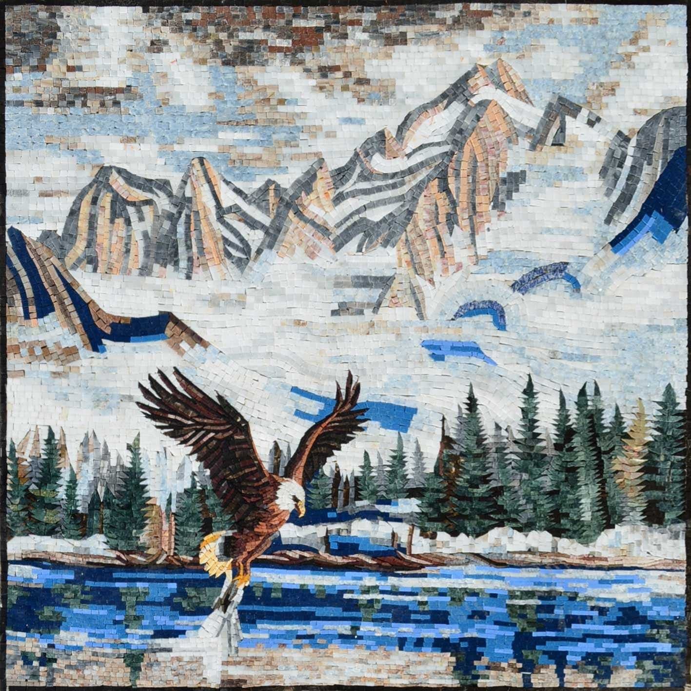 Rising Eagle in the Mountains Marble Mosaic Mural | Handcrafted Luxury Art