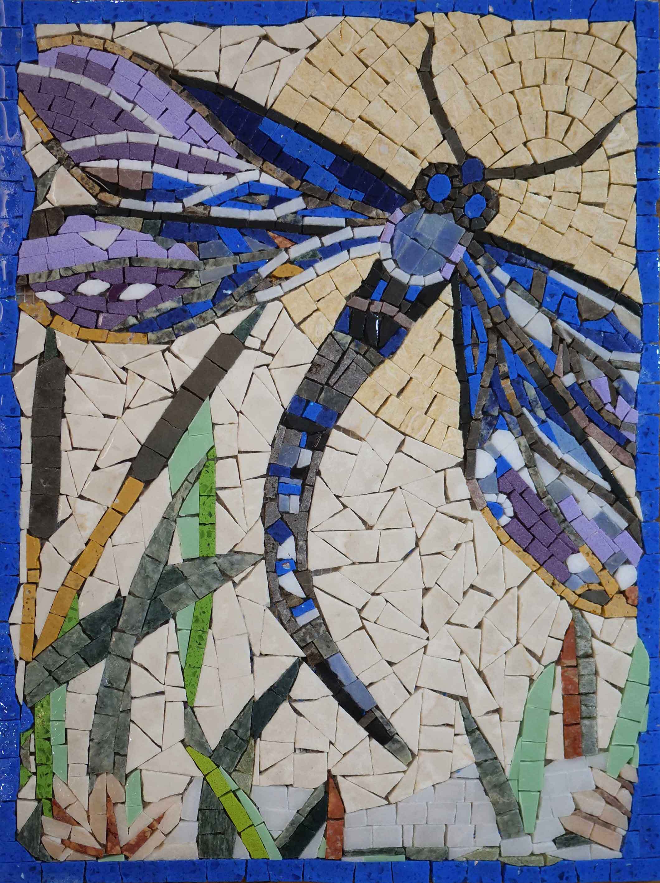 Ornate Dragonfly Silhouette - Marble Mosaic Patterns Artwork - Mesh Backing