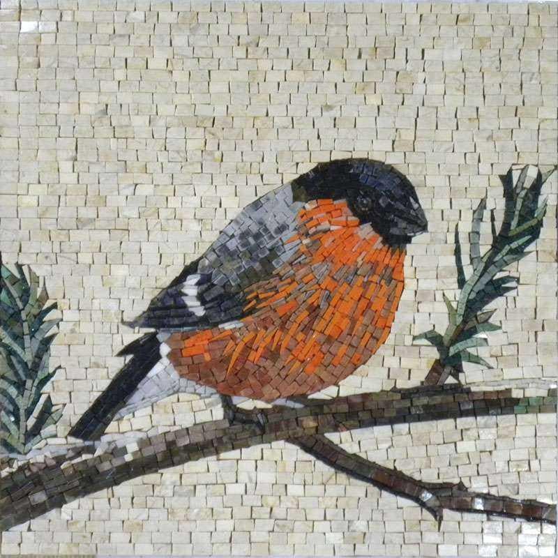 Enchanting Bullfinch - Marble Mosaic Bird Artwork - Mesh Backing