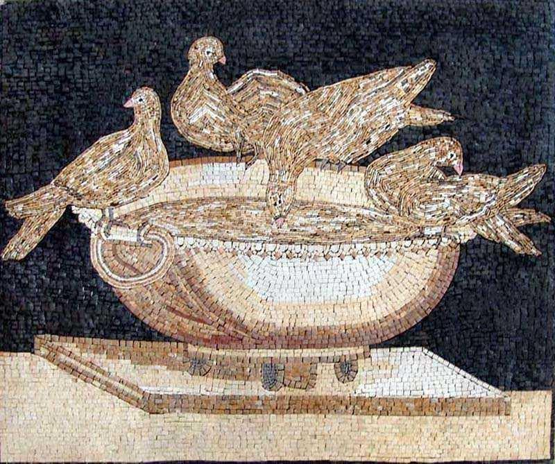 Sosus Pergamon - Marble Mosaic Doves Bird Bath Artwork - Mesh Backing