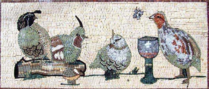 Exotic Birds Still Life - Marble Mosaic Designs Pearl Hens - Mesh Backing