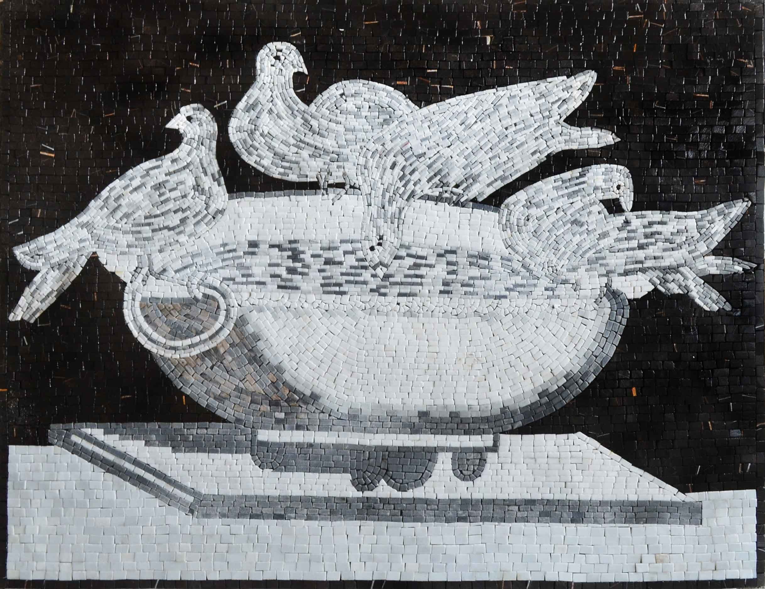 Three Doves Bird Bath - Marble Mosaic Wall Art - Mesh Backing