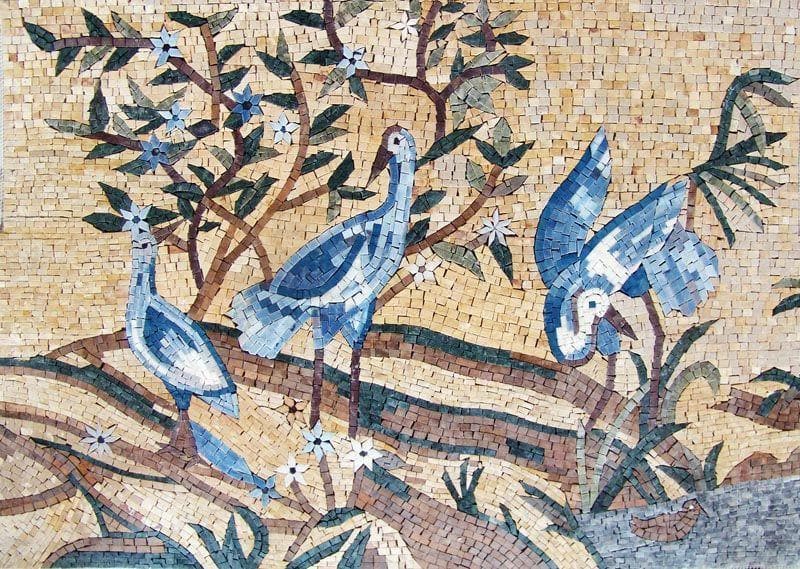 Birds And Tree Motif - Mosaic Pattern Wall Art - Mesh Backing