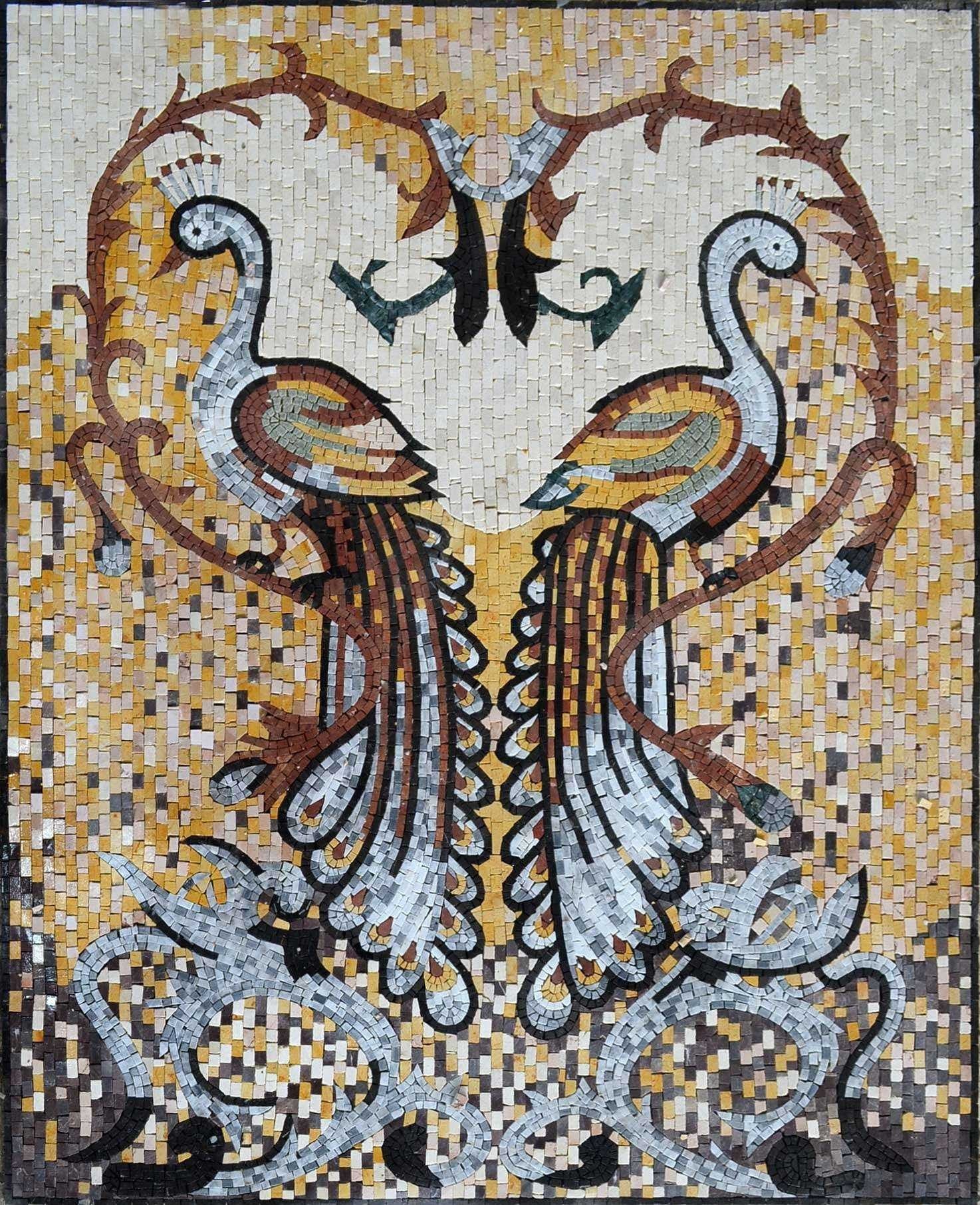Majestic Twin Peacock - Marble Mosaic Wall Art - Mesh Backing