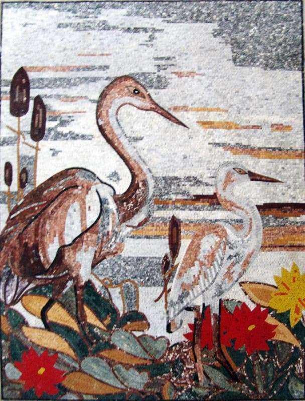 Elegant Herons Nature - Marble Mosaic Art - Mesh Backing