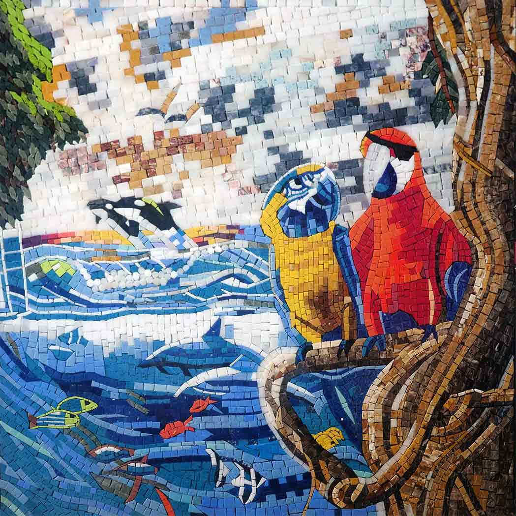 Parrots And Marine Life - Mosaic Paintings Tropical Luxury Handcrafted Art - Mesh Backing