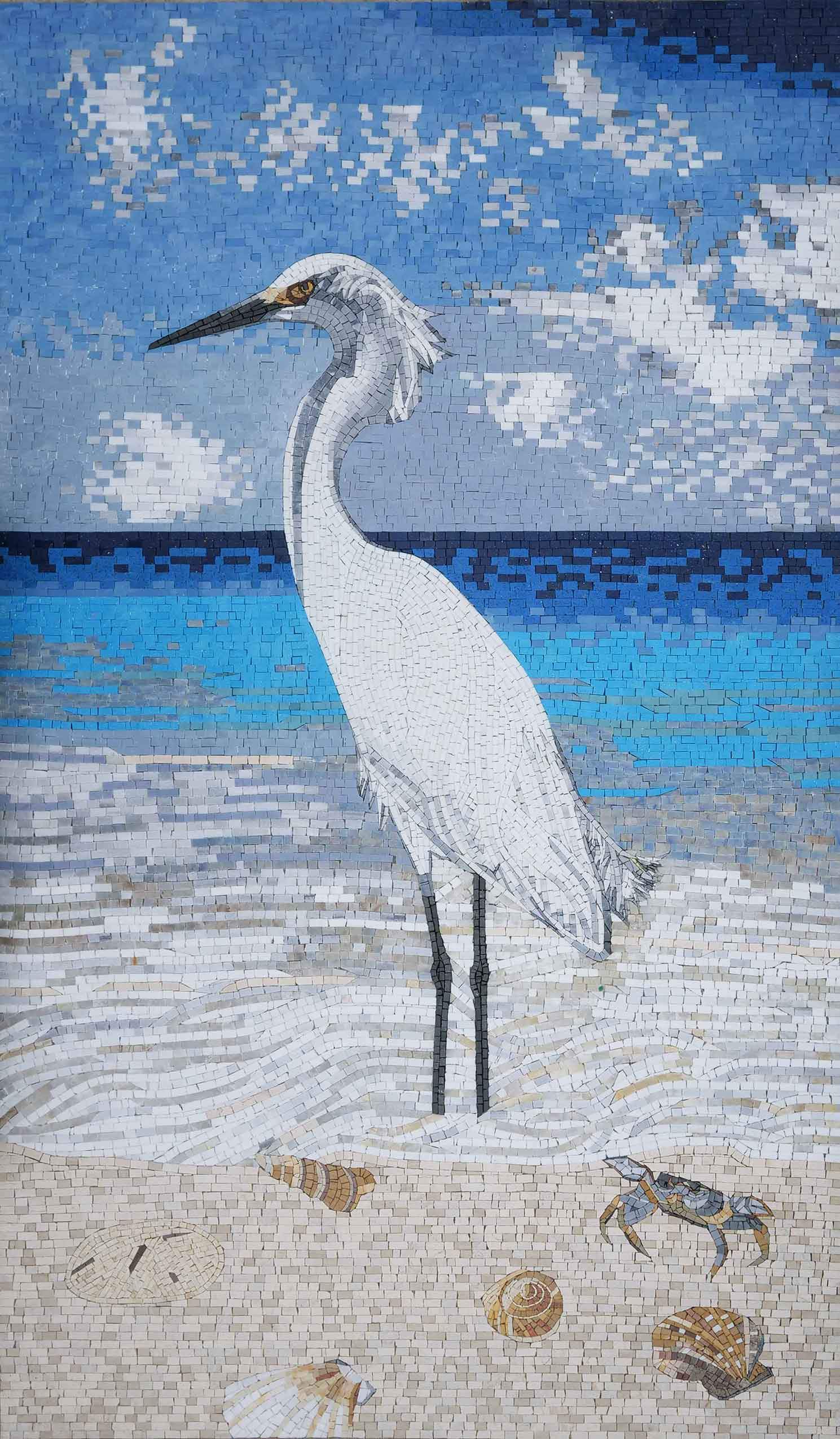 Sea Side Art Standing Heron - Mosaic Patterns Luxury Handcrafted - Mesh Backing