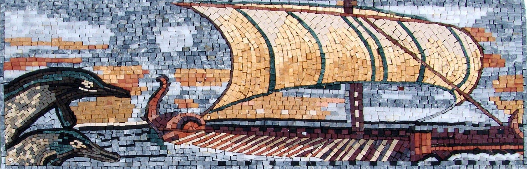 Ancient Greek Ship - Marble Mosaic Nautical Seafaring Vessel - Mesh Backing