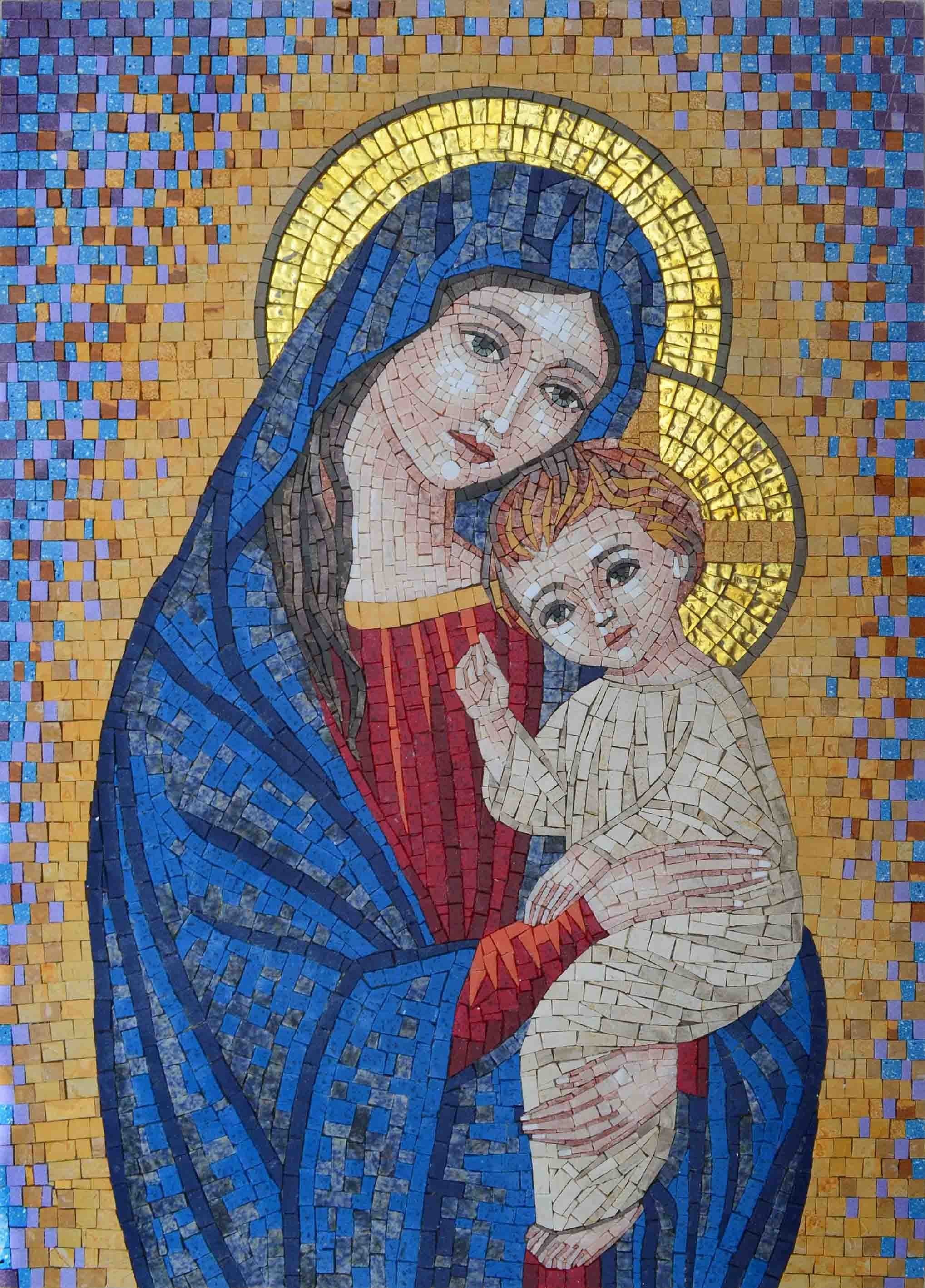 Madonna And Child - Handmade Mosaic Icon - Mesh Backing