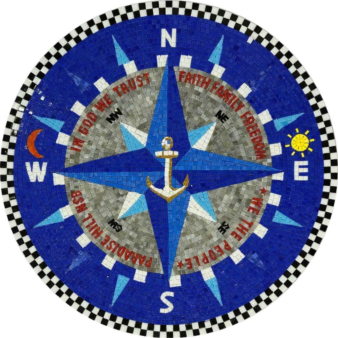 Compass Rose Anchor Motif - Marble Mosaic Tree Handmade Natural Medallion Custom Nautical Floor Inlay - Mesh Backing