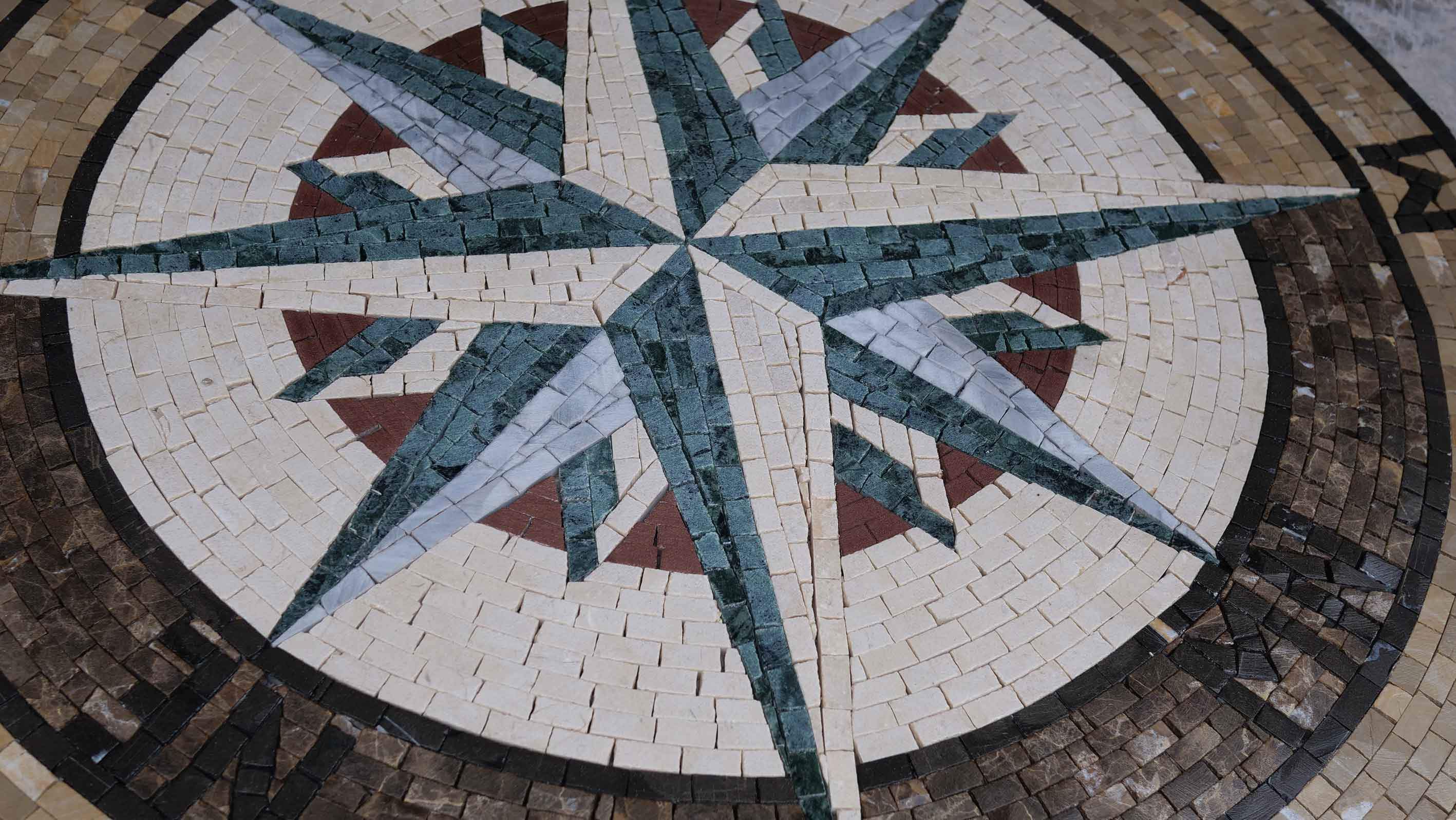 Circular Star Pattern - Marble Gaudi Mosaic Compass Medallion - Mesh Backing - Image 2
