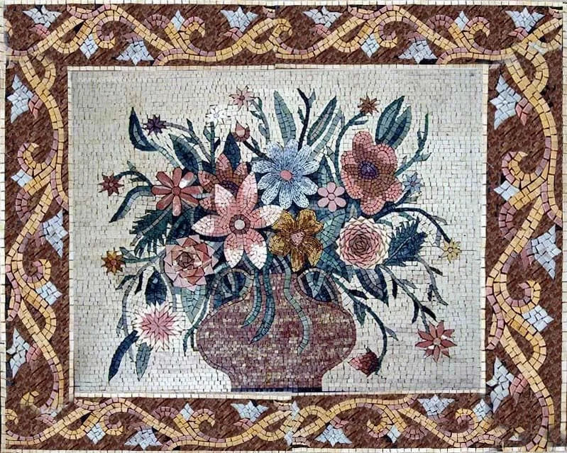 Enchanting Floral Still Life - Marble Mosaic Decor Framed - Mesh Backing