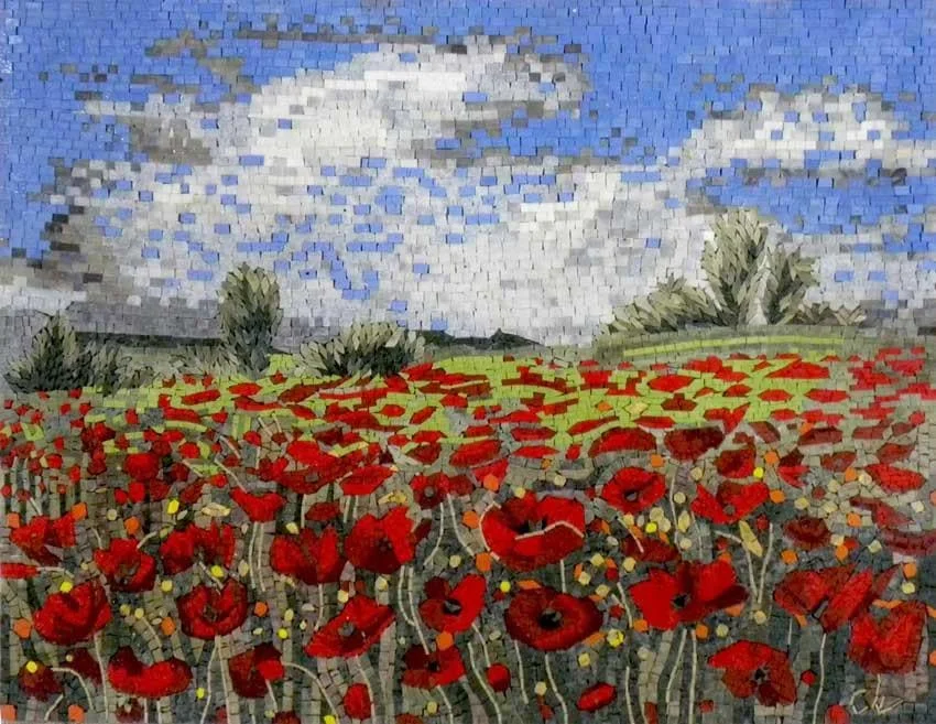 Enchanting Poppy Fieldscape - Marble Mosaic Cor Flower - Mesh Backing - Image 2