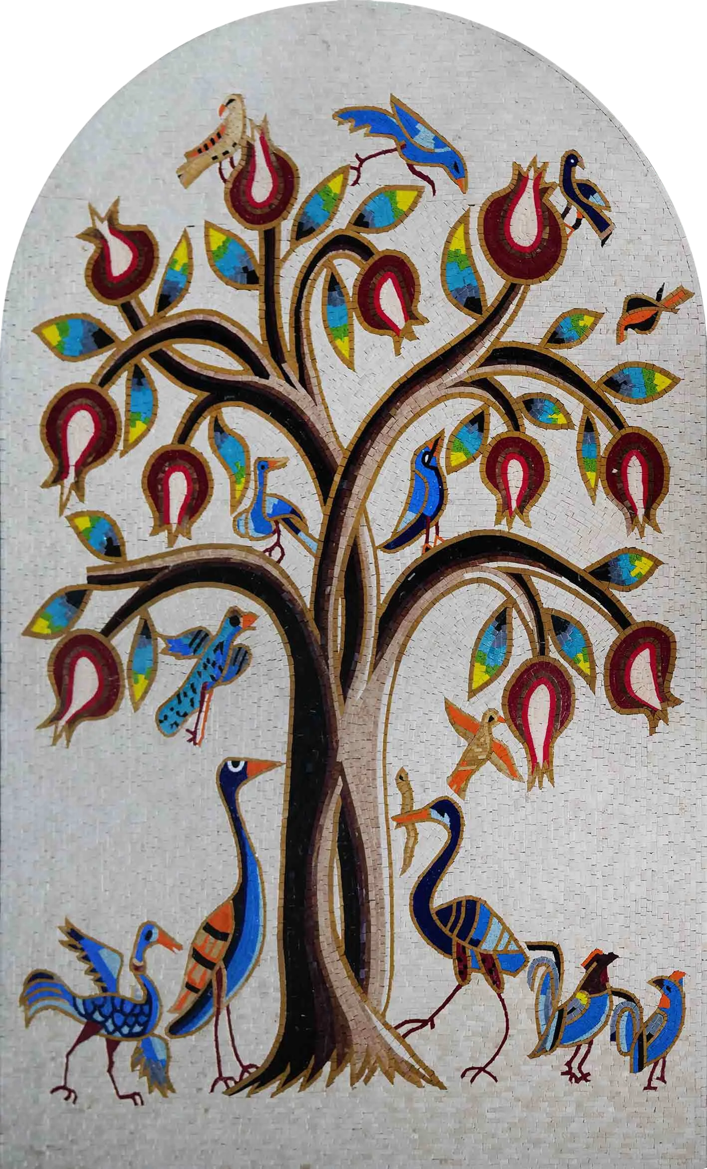 Birds Around Tree - Marble Sun Mosaic - Mesh Backing