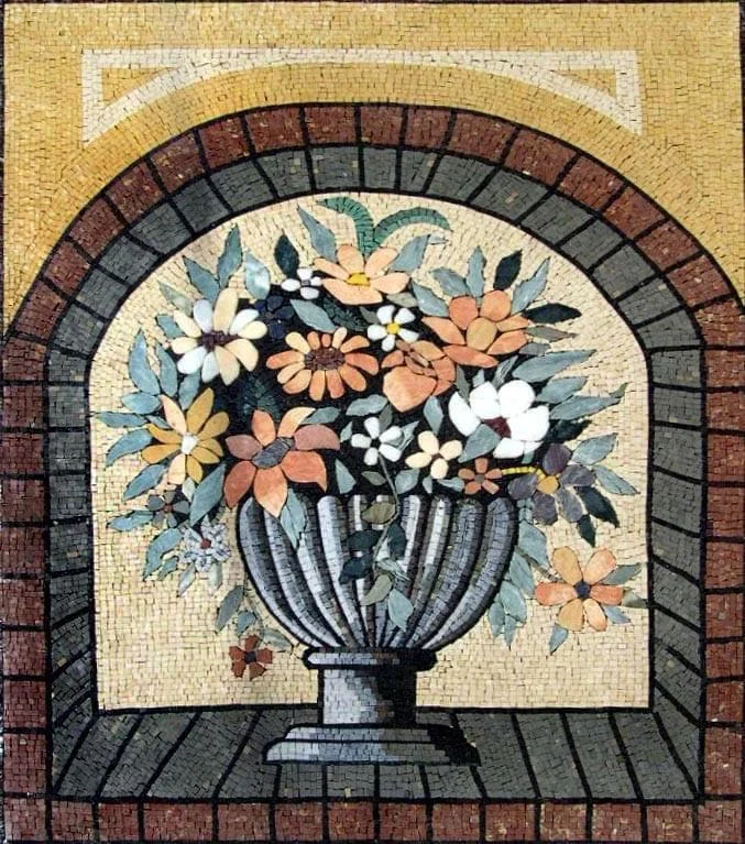 Urn Bloom - Marble Mosaic Majestic Floral Arrangement Wall Art - Mesh Backing