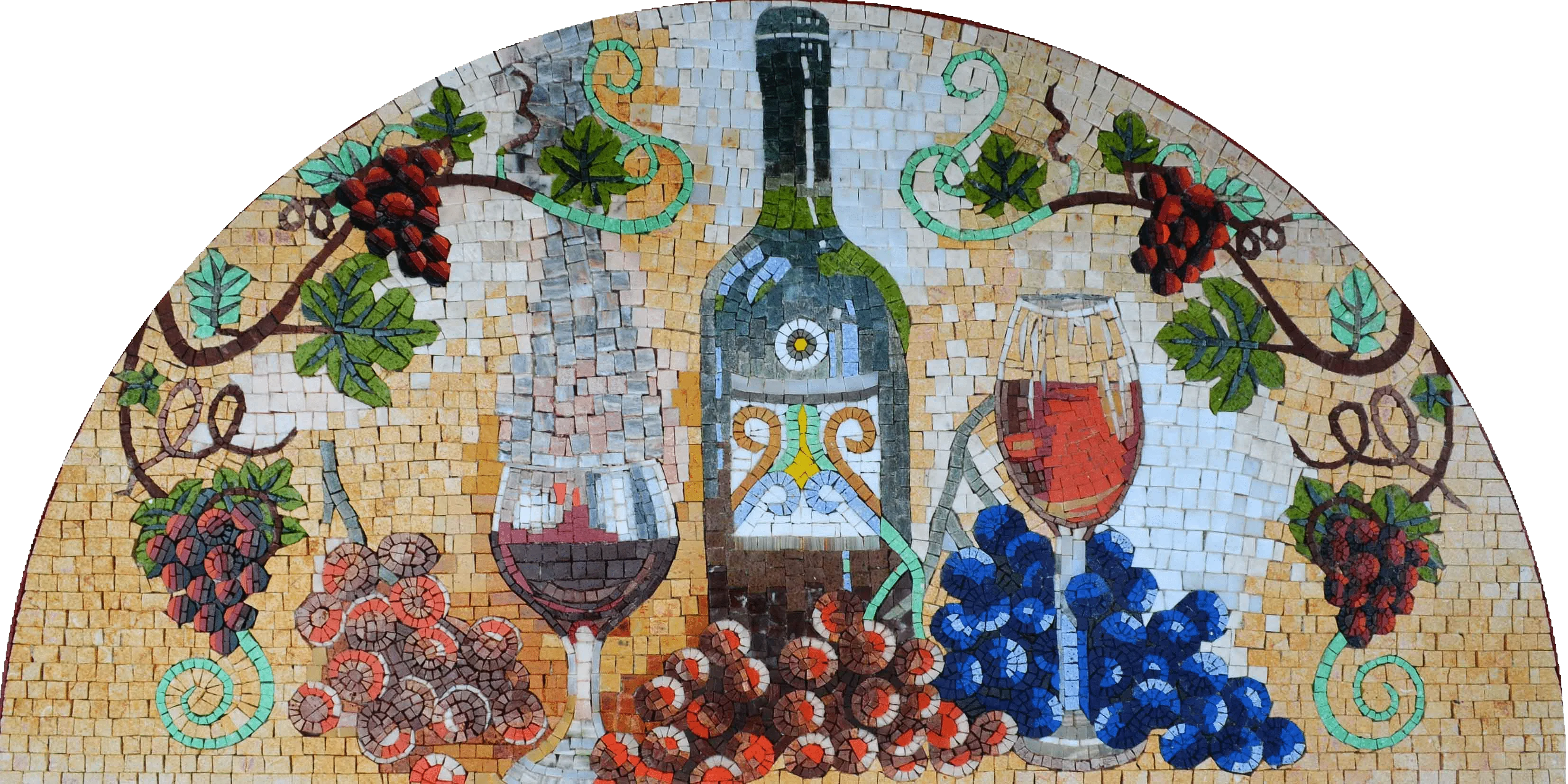 Tuscany Wine Still Life - Mosaic Peacock Mural - Mesh Backing