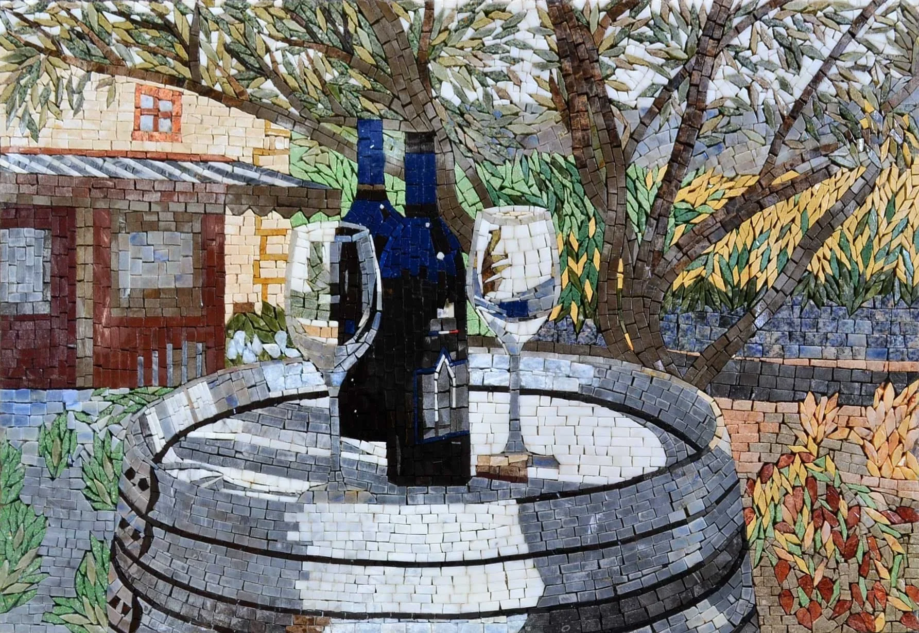 Still Life Wine Bottles - Marble Mosaic Art - Mesh Backing