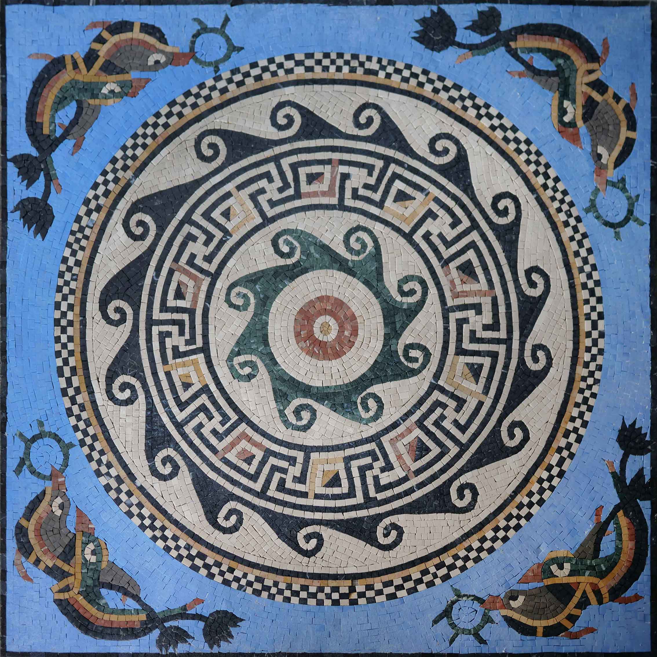 Dolphin Circular Motif - How To Hang Mosaic Art Mural - Mesh Backing