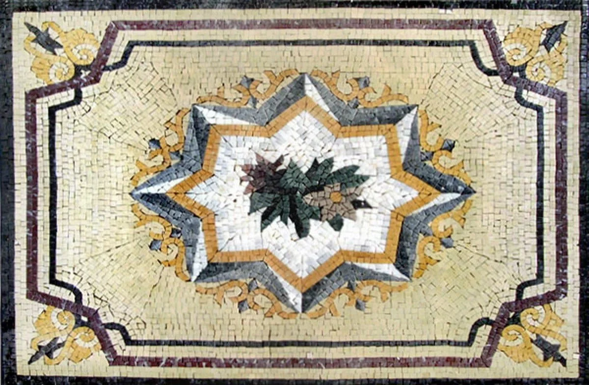 Exquisite Starburst Floral - Marble Mosaic Rectangular Rug Chalan - Mesh Backing