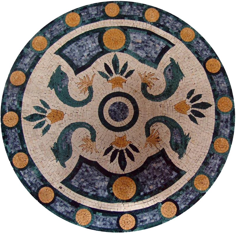 Botanical Dragon Motif - Marble Mosaic Round - Mesh Backing