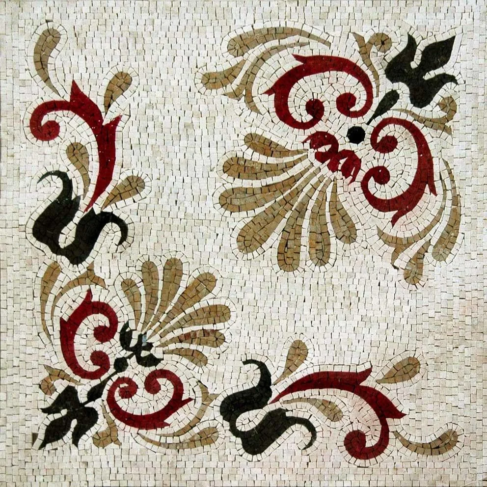 Elegant Anthemon - Marble Mosaic Art Tile Corner Flourish Square Stone - Mesh Backing