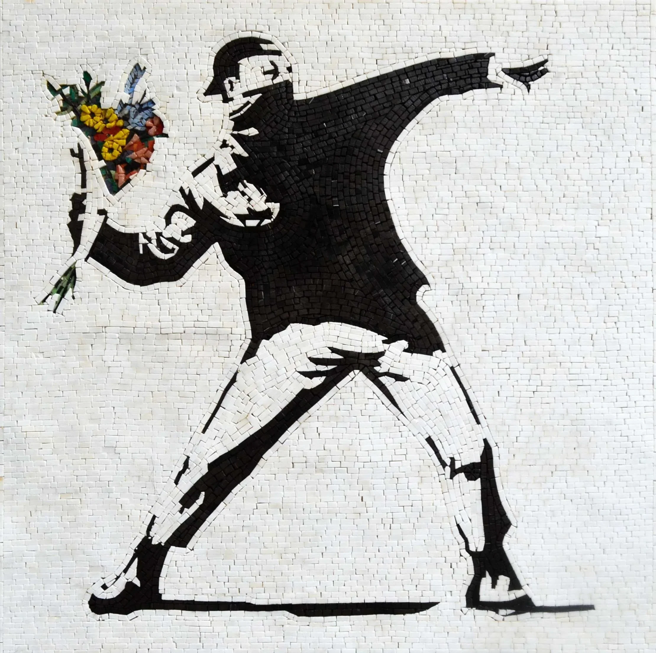 Banksy The Flower Thrower - Marble Mosaic Luxury Handcrafted Natural Stone Art - Mesh Backing