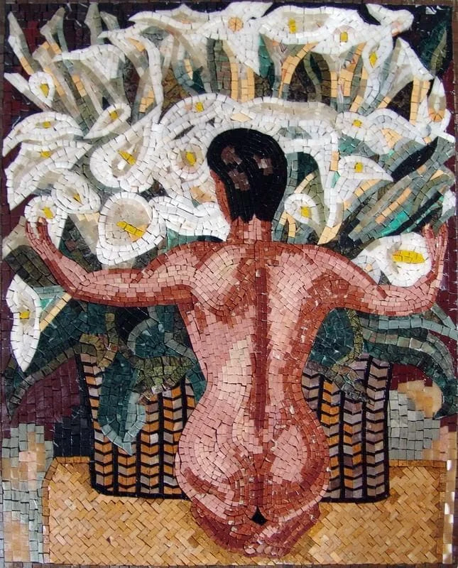 Diego Rivera Nude With Calla Lilies Reproduction - Marble Mosaic Handcrafted Art - Mesh Backing