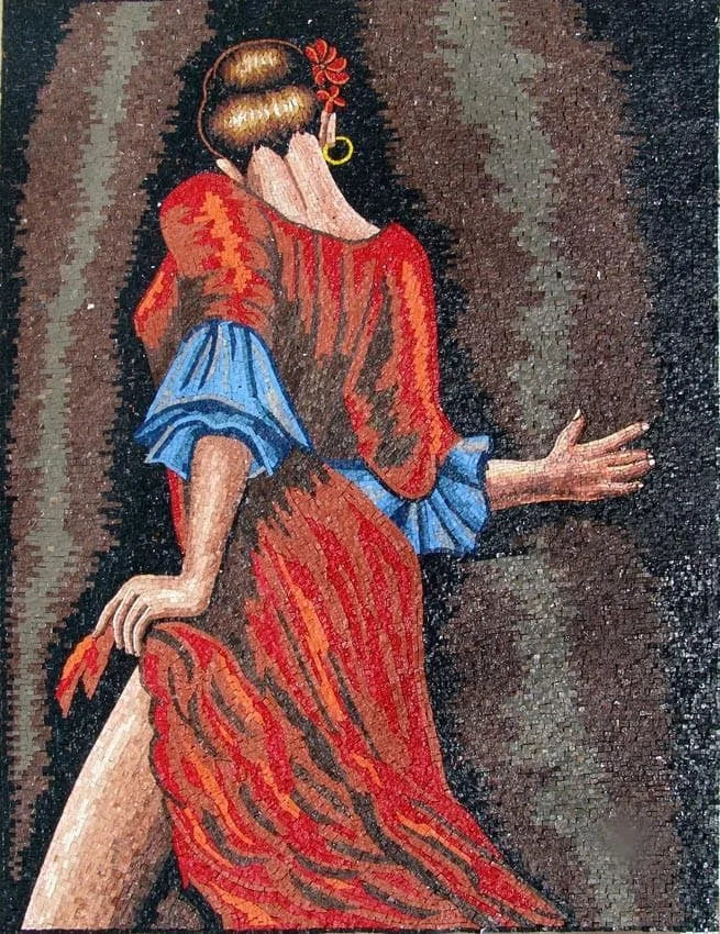 Patterned Dancer Figure - Marble Mosaic For Sale Flamenco Mural Art Luxury Handcrafted Decor - Mesh Backing
