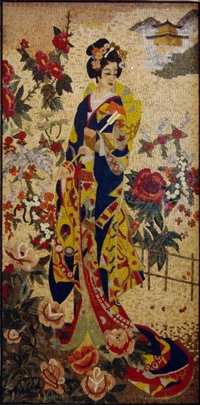 Geisha Figure With Flowers - Marble Minimalist Mosaic Art - Mesh Backing