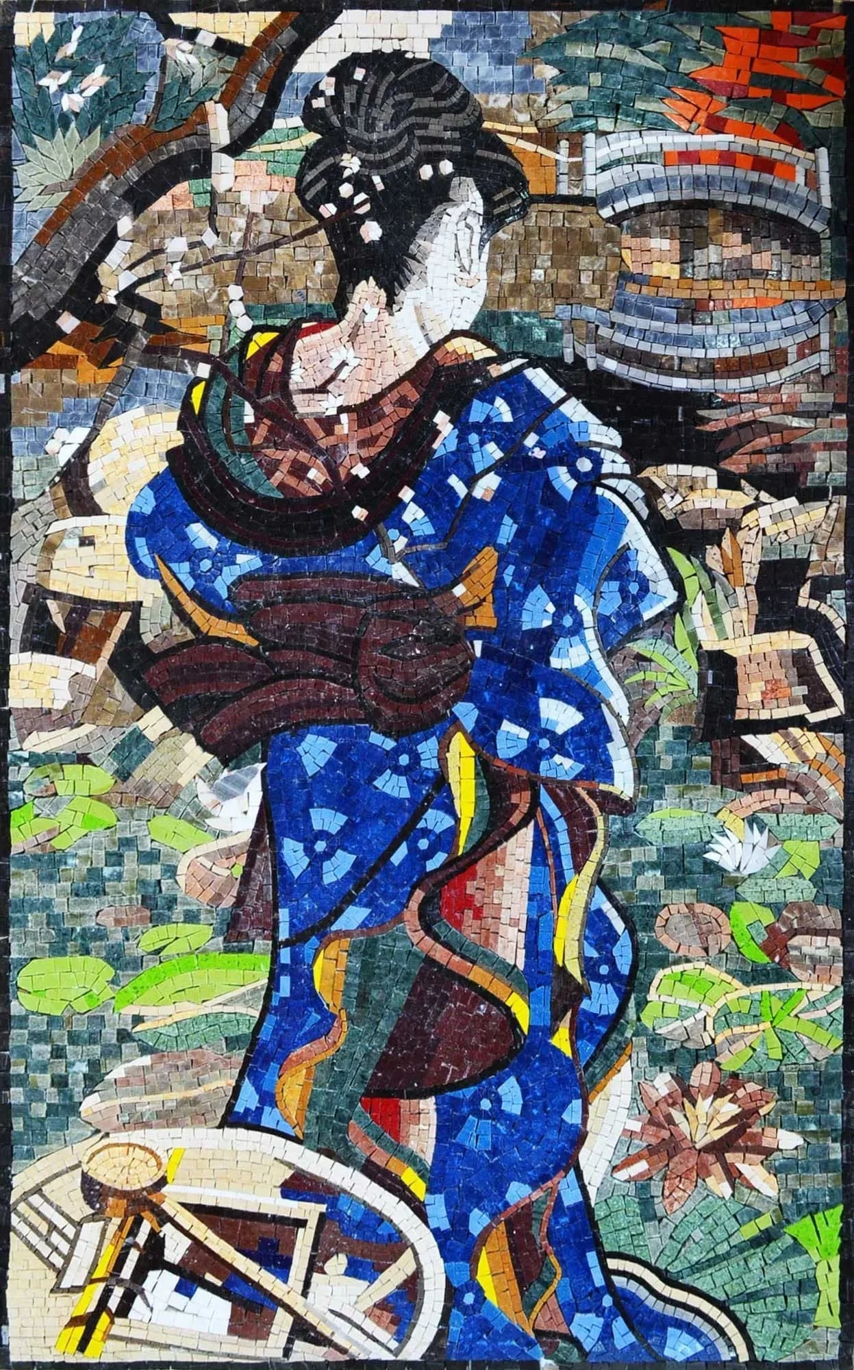 Geisha Figure - Marble Mosaic Flooring Mural Luxury Handcrafted Natural Stone Art - Mesh Backing