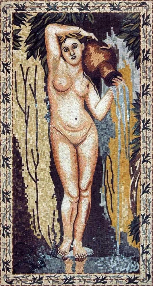 Nude Woman Pouring Water - Marble Mosaic Reproduction - Mesh Backing