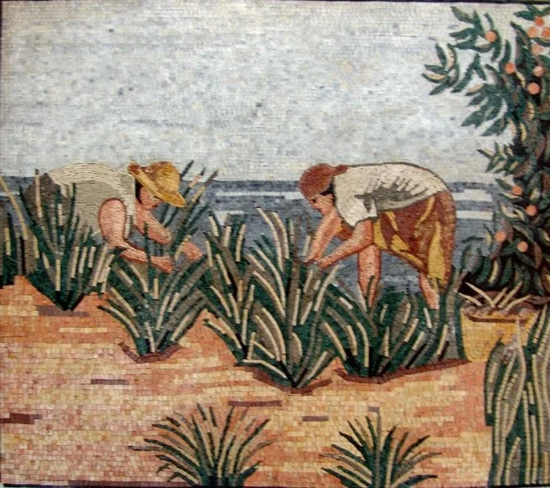 Land Workers Natural Scene - Marble Mosaic Pool Designs - Mesh Backing