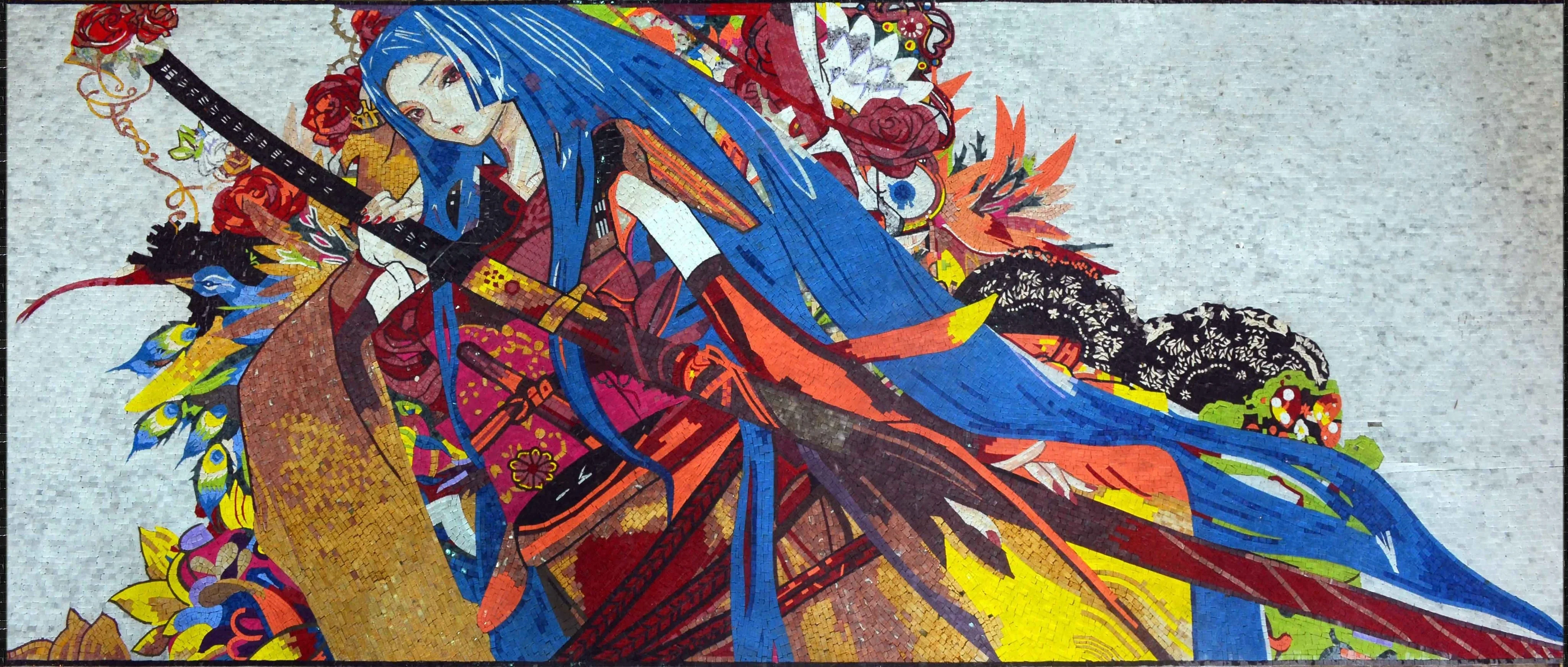 Floral Manga Character - Marble How To Hang Mosaic Art Mural - Mesh Backing