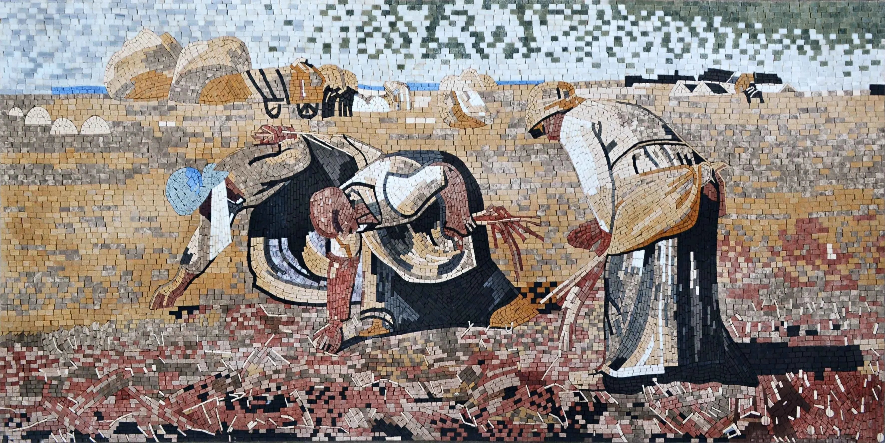 Harvesting Scene - Marble Floral Mosaic Tile Scenery Harvest Hue - Mesh Backing