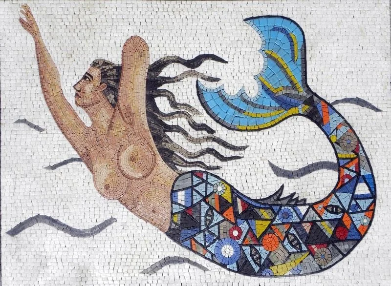 Swimming Mermaid Figure - Mosaic Wall Art Outdoor Mural Colorful - Mesh Backing